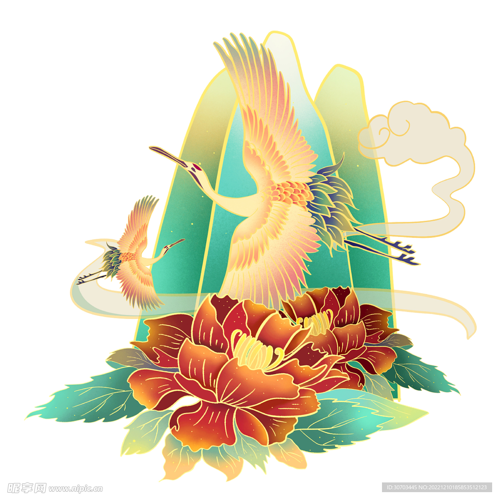 红色花朵和白色仙鹤
