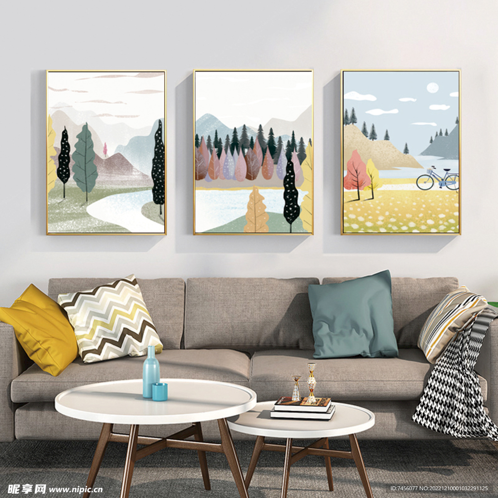 水彩树风景画三联挂画装饰画