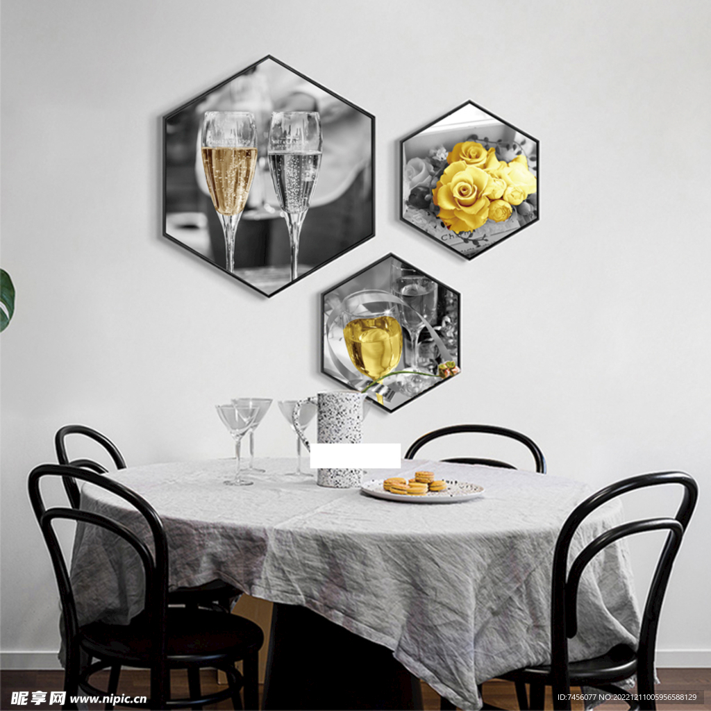 香槟杯黑白艺术三联挂画