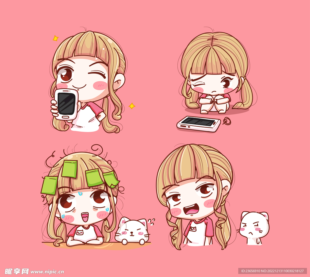 粉色快乐可爱女孩卡通矢量 