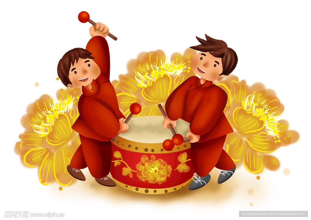 金色的花和红衣小孩