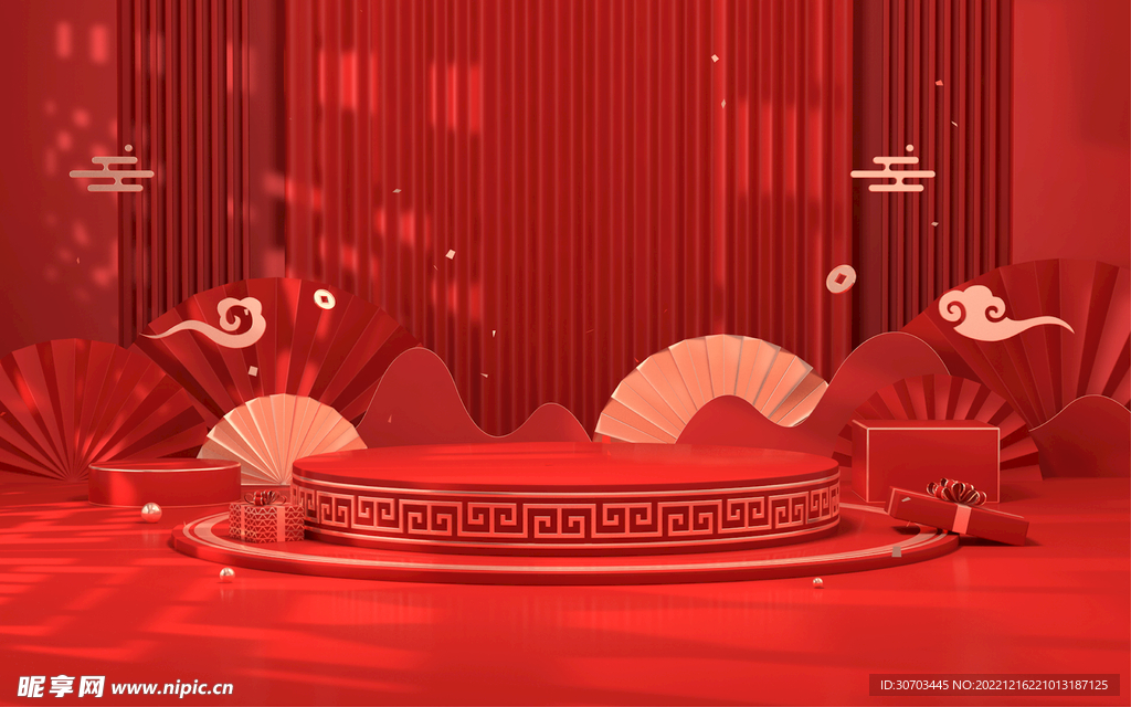 金色扇子和红色舞台
