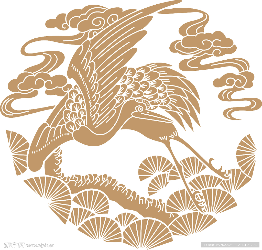 金色扇子和仙鹤