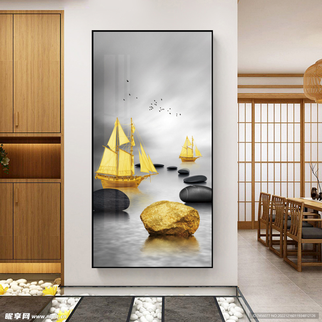 金色帆船湖畔玄关风景画装饰画