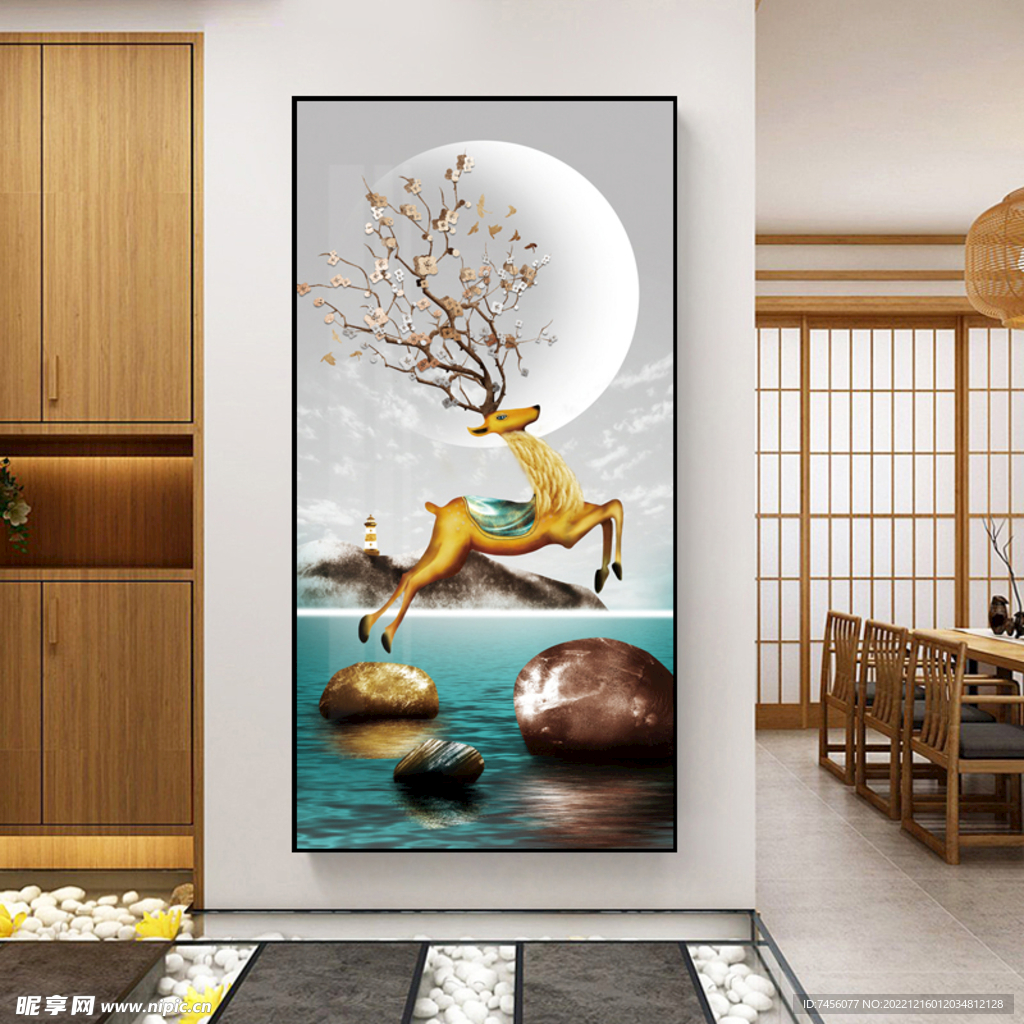 金色麋鹿湖畔高清玄关装饰画