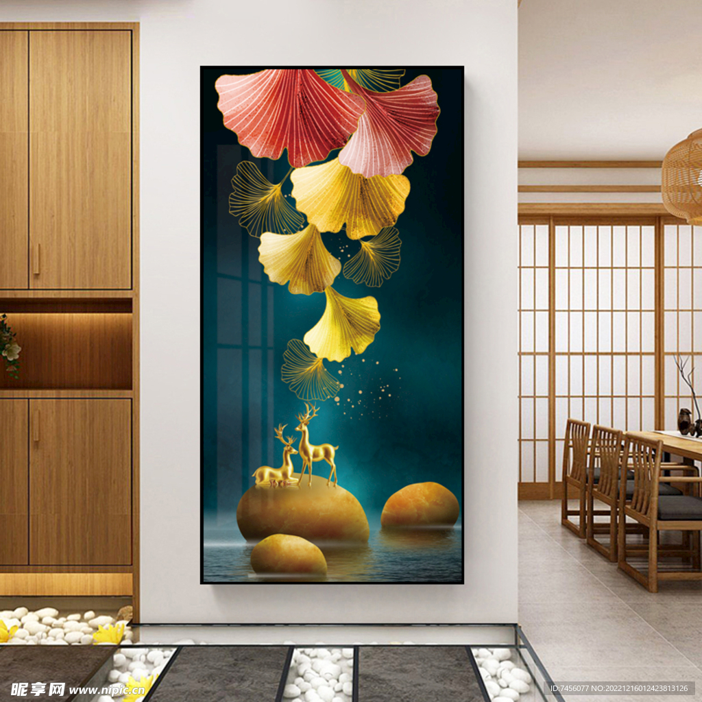 麋鹿鹅卵石玄关过道装饰画