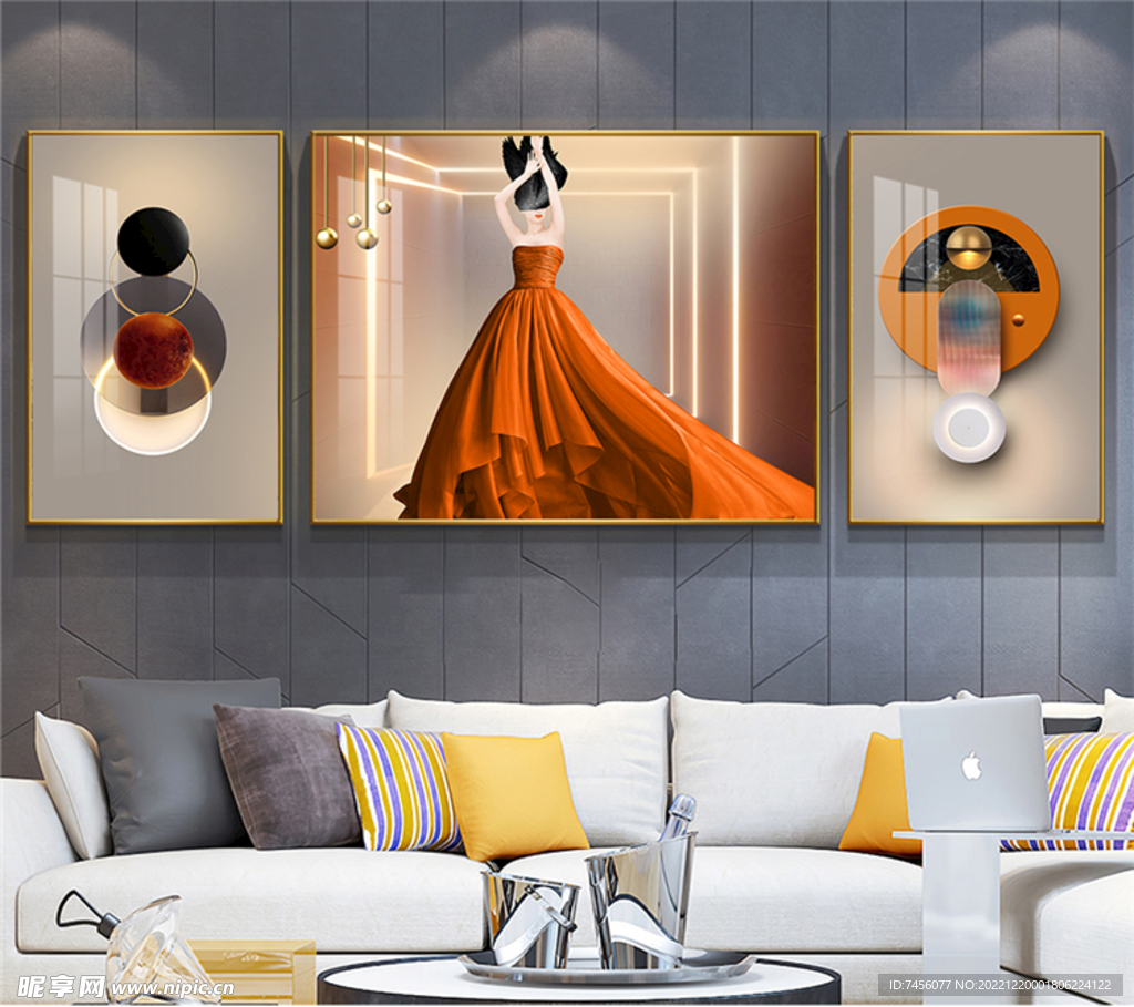 美女长裙轻奢圆挂画三联画