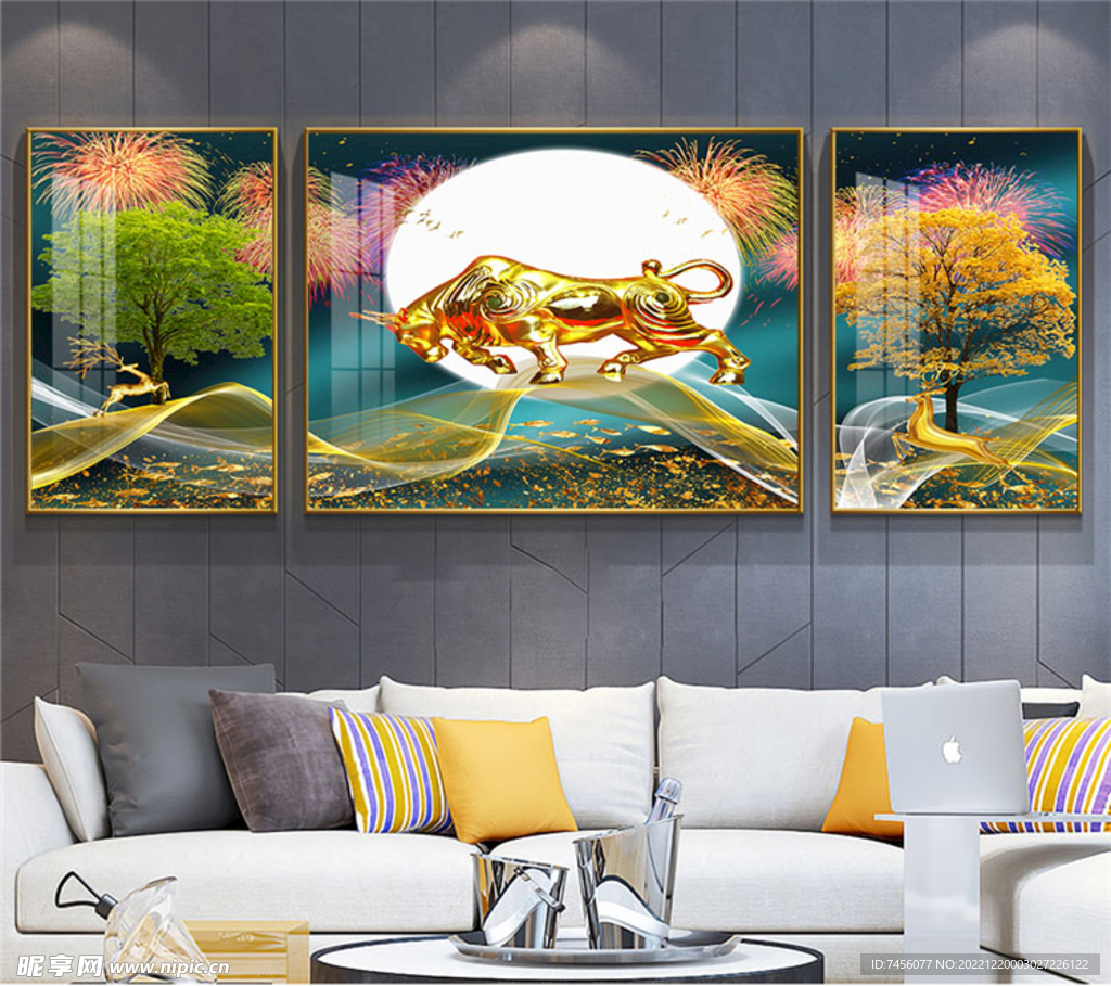 金牛金箔水彩树三联挂画装饰画