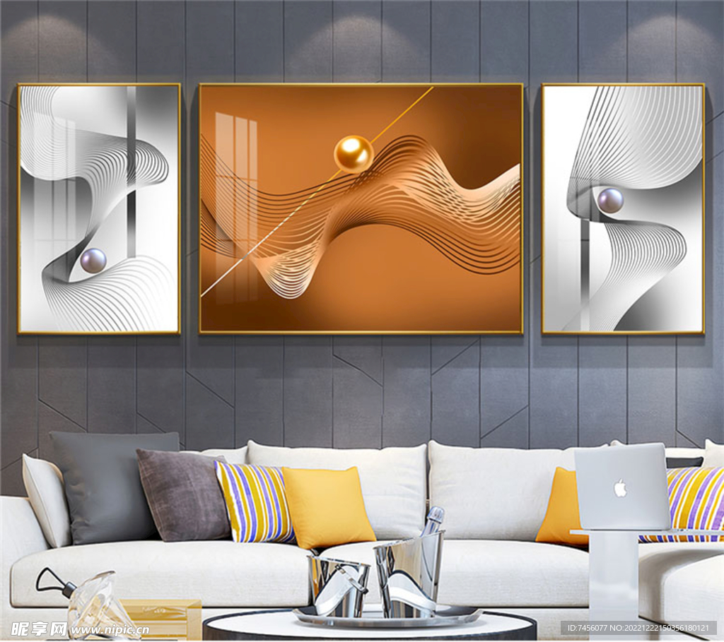 轻奢球动感线条三联挂画装饰画