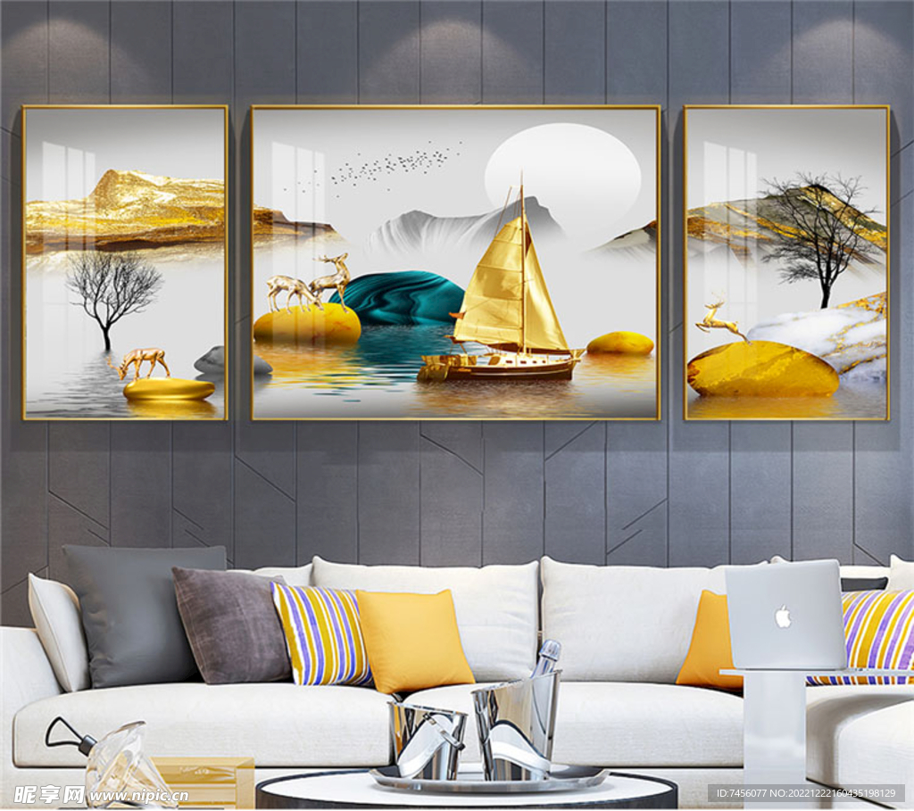 金色帆船湖畔中式三联挂画装饰画