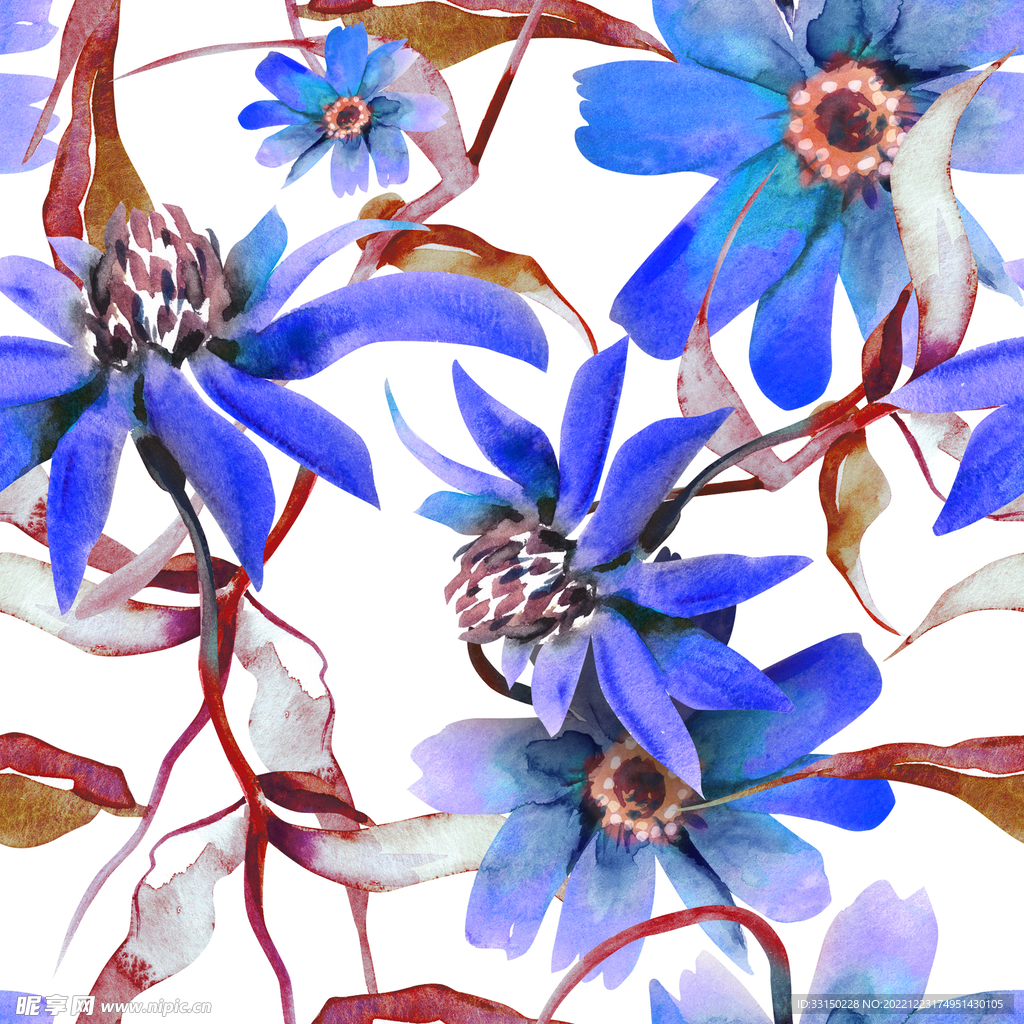 数码印花手绘画抽象花卉水彩花 