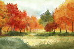 水彩绘秋天的树林