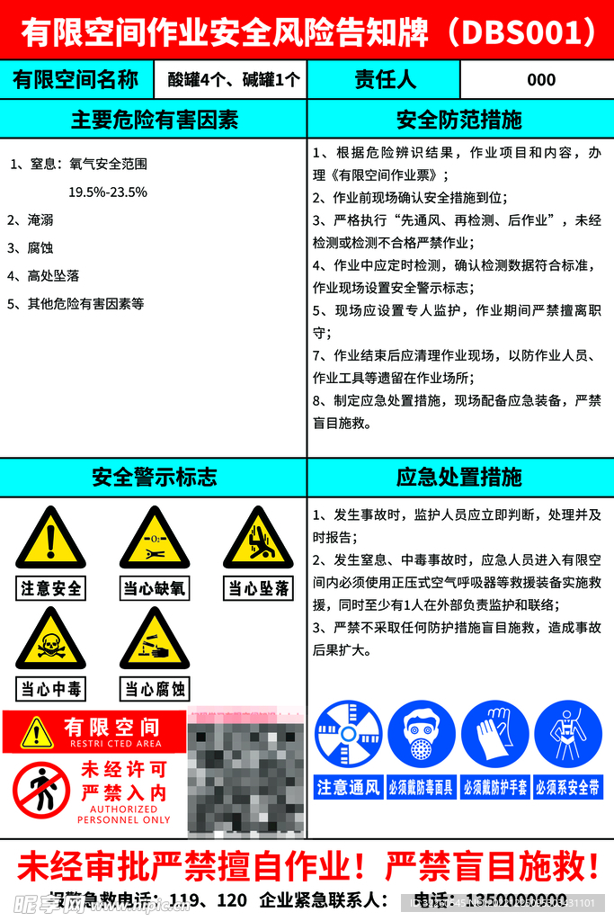 有限空间作业安全风险告知牌