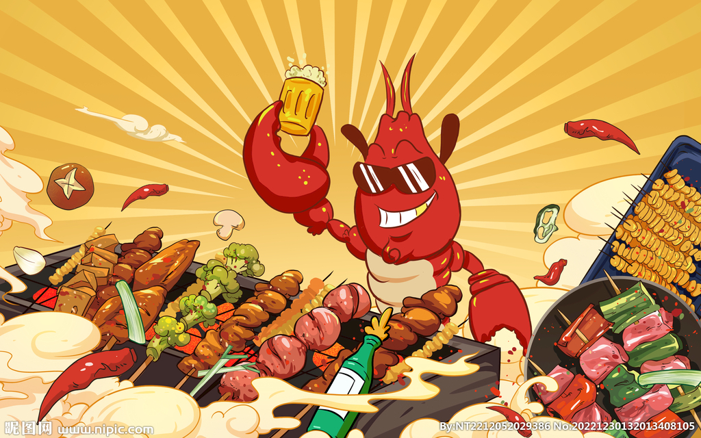国潮龙虾美食烧烤插画设计