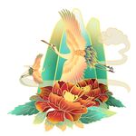 绿色山和仙鹤