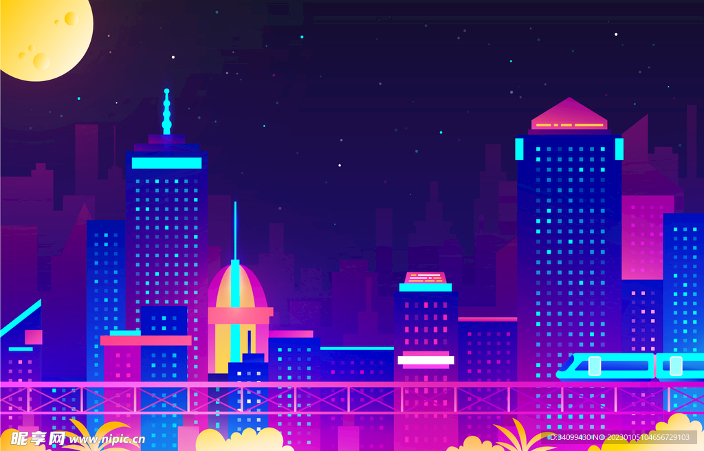 霓虹城市夜景插画