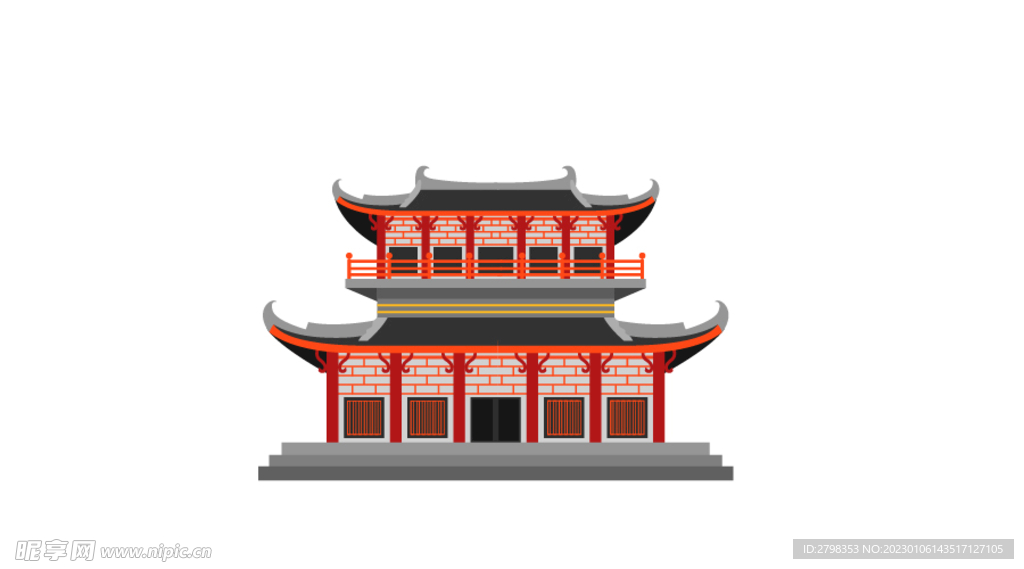 红色中国风建筑插画元素