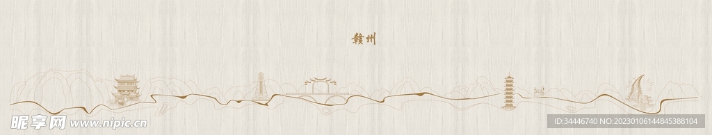 赣州城市地标矢量线稿手绘图