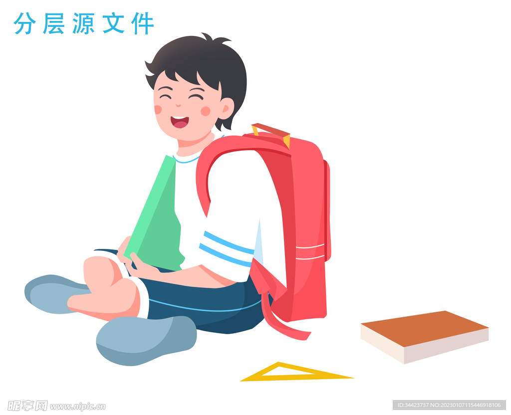 年幼男孩背着书包走向学校可爱插画素材