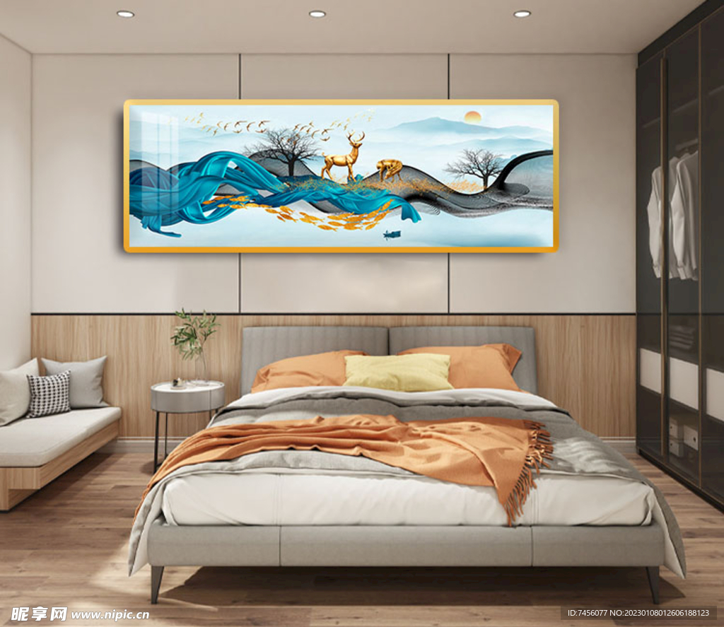 金箔游鱼湖畔麋鹿床头画