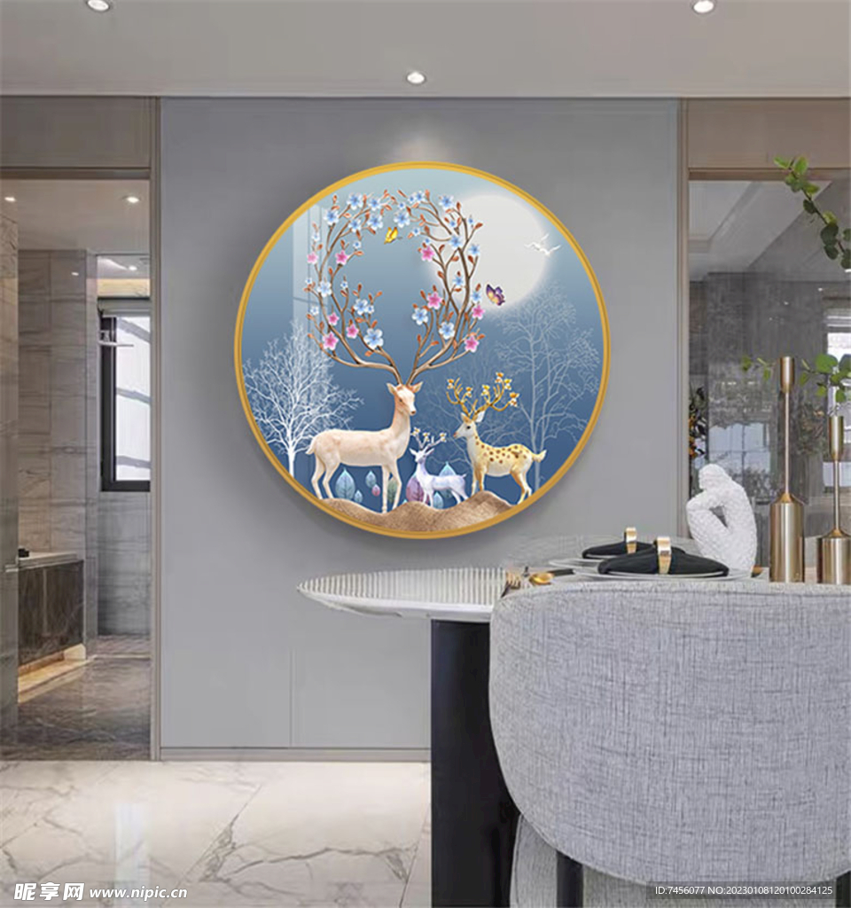 麋鹿水彩中式艺术挂画装饰画