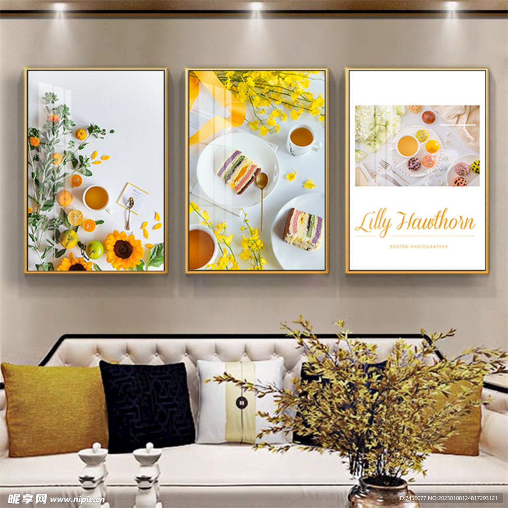 碟子花卉橘子三联挂画装饰画