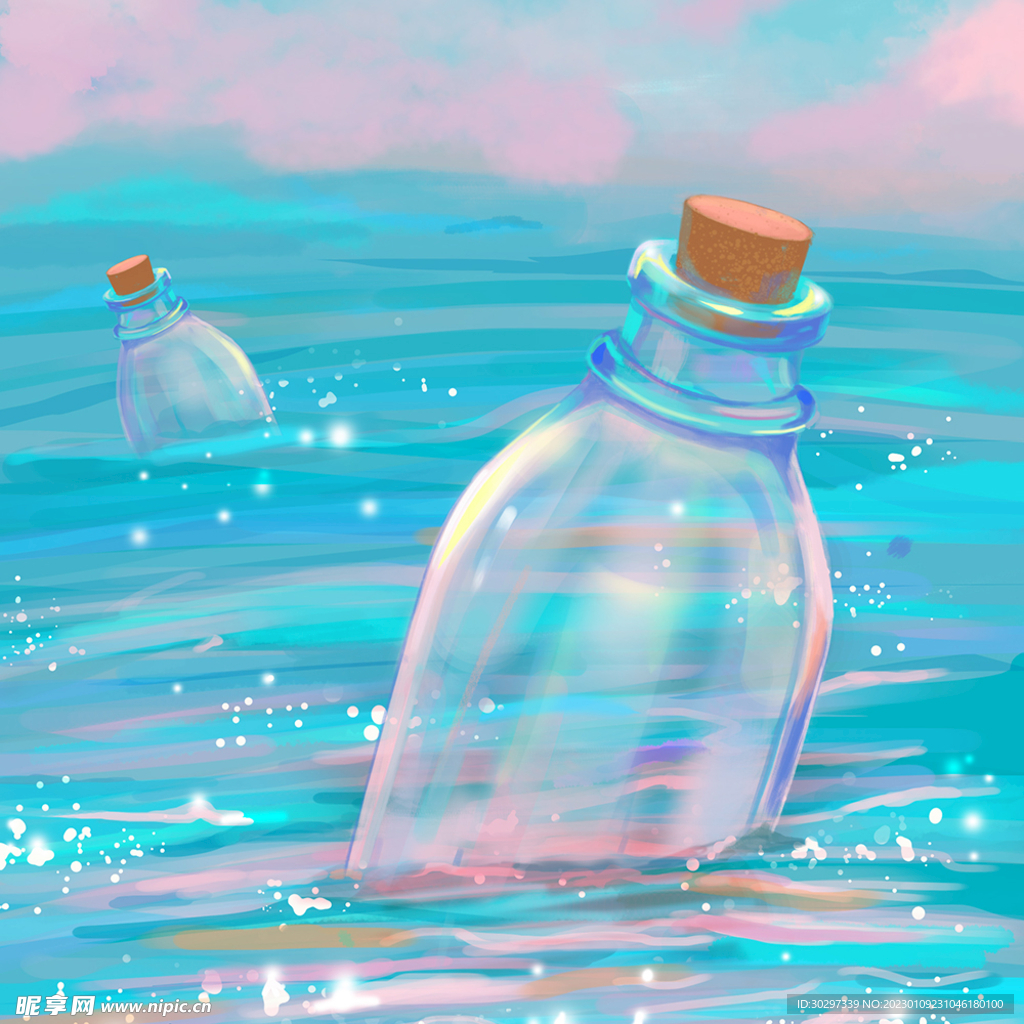海洋漂流瓶创意手绘插画图片-千库网