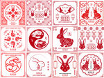 春节兔子剪纸插画图案 