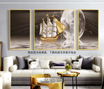 帆船湖畔唯美三联挂画装饰画