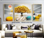 唯美发财树水墨风景画三联画