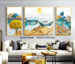 山水湖畔发财树三联挂画装饰画