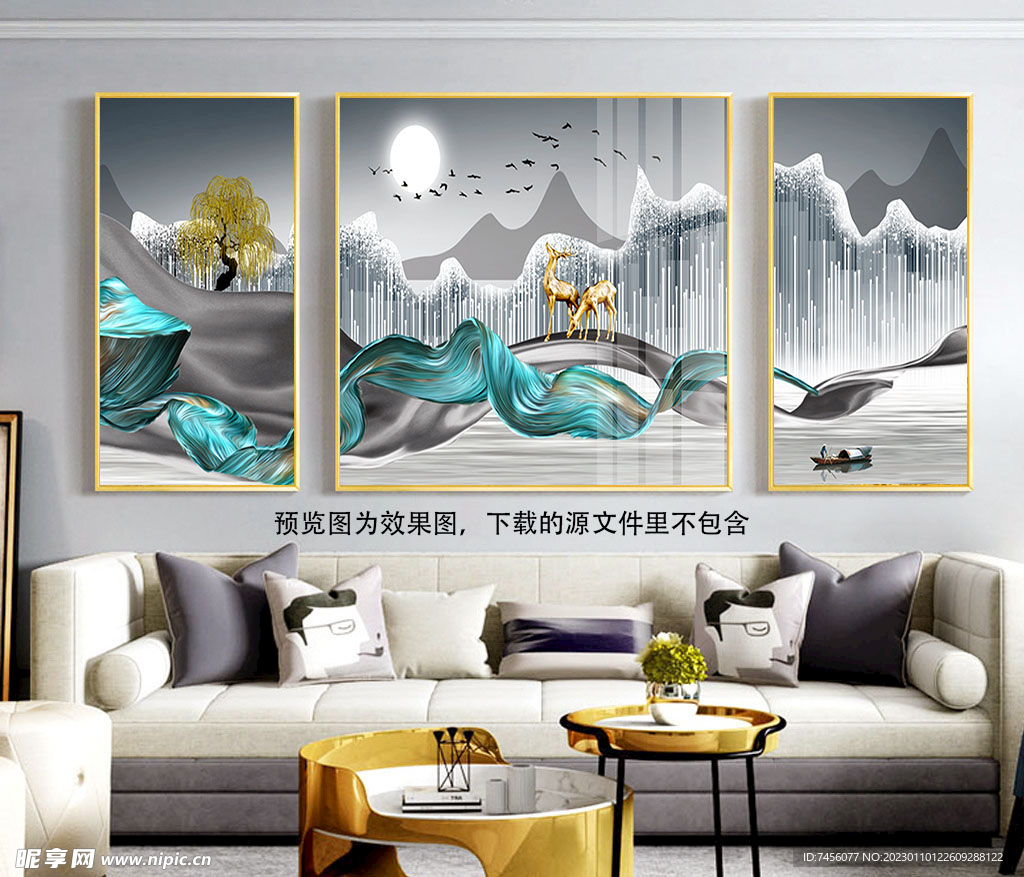 麋鹿水彩风景画三联挂画装饰画