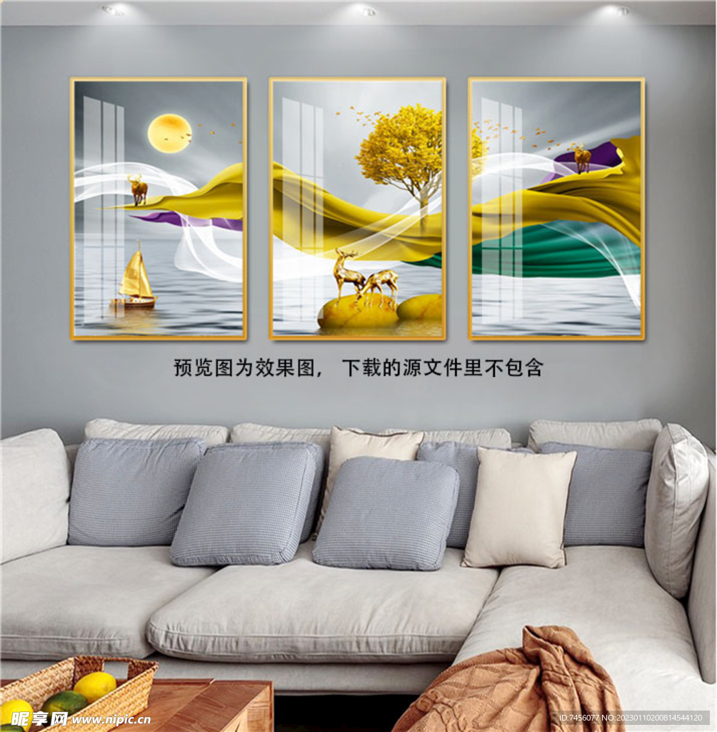 湖泊麋鹿美景三联挂画装饰画