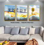绸布水彩树水墨三联挂画装饰画