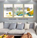 湖泊山脉发财树三联挂画装饰画