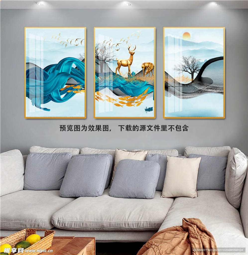 金箔游鱼麋鹿水墨湖泊三联挂画