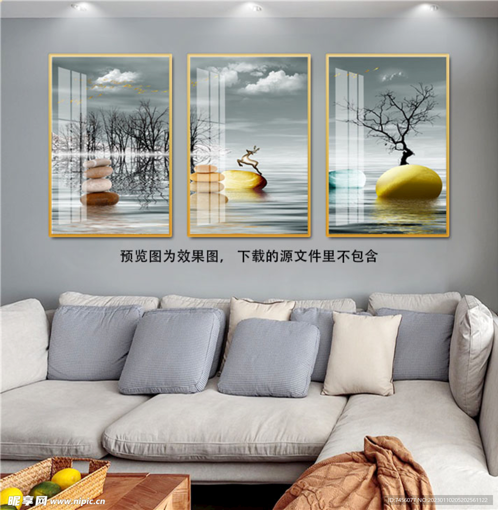 唯美湖泊麋鹿鹅卵石三联挂画
