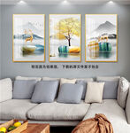 鹅卵石麋鹿湖泊美景三联挂画