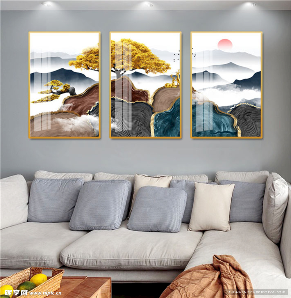 发财树麋鹿新中式三联挂画装饰画