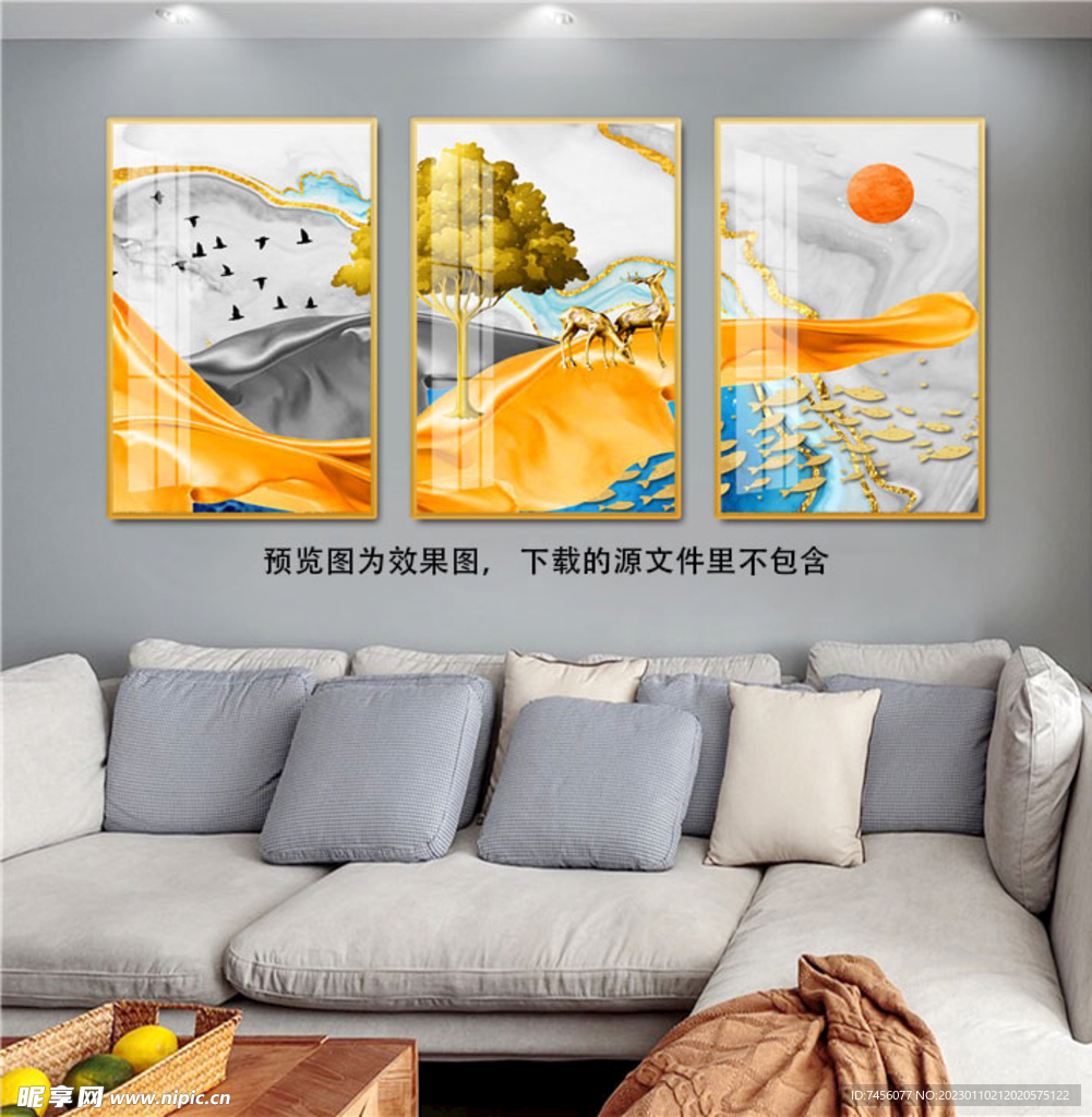 飞鸟麋鹿树风景画三联挂画装饰画