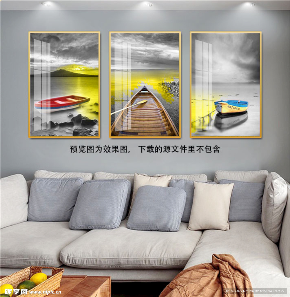 黑白湖泊木船三联挂画装饰画