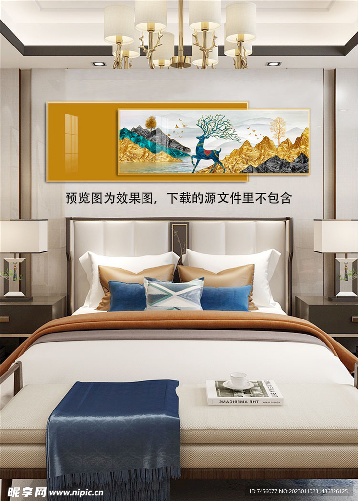 金箔山脉麋鹿艺术床头画挂画