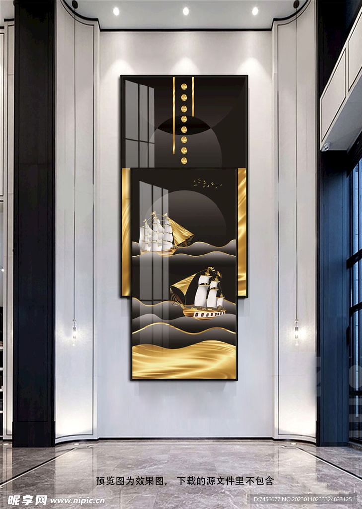 金箔湖畔帆船艺术组合玄关装饰画