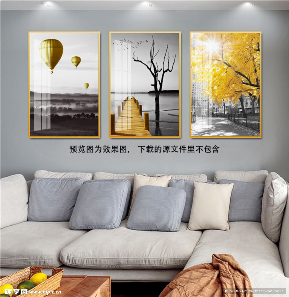 热气球湖畔金属树三联挂画装饰画