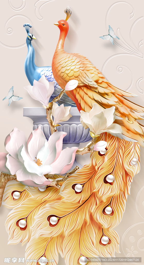 孔雀花鸟浮雕艺术挂画玄关图
