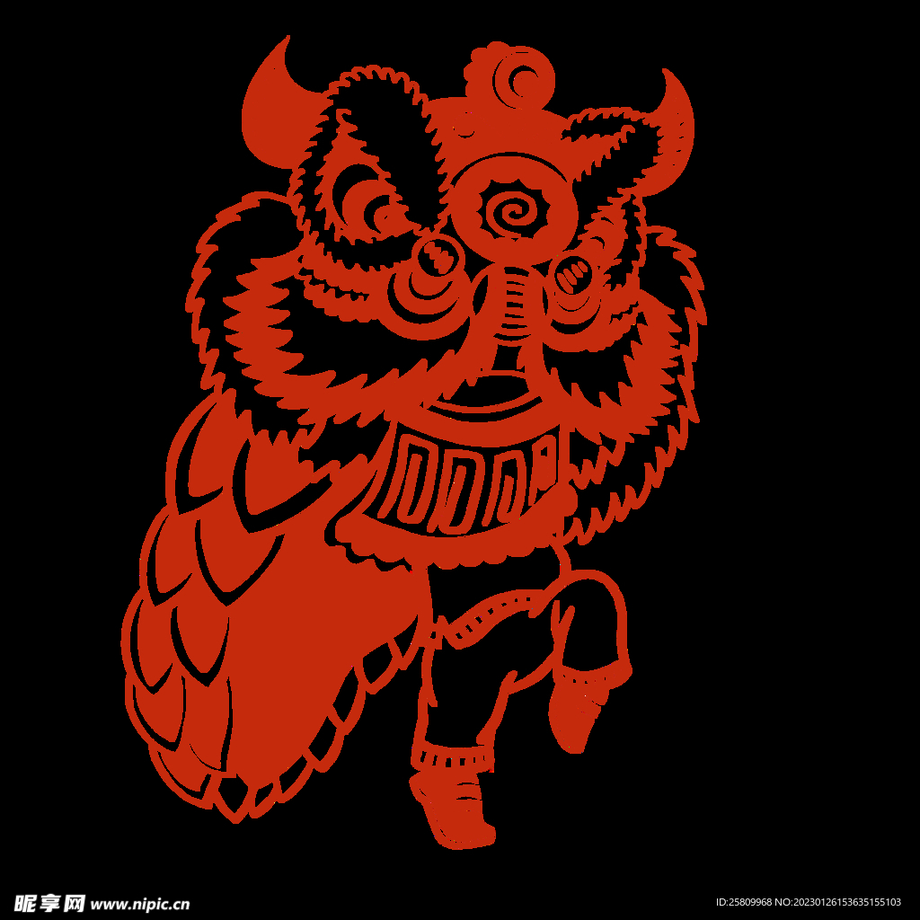 舞狮新年喜庆剪纸PNG免扣素材