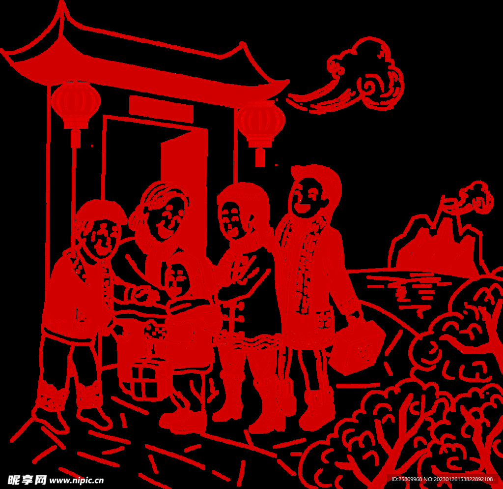 全家福新年喜庆剪纸PNG免扣素