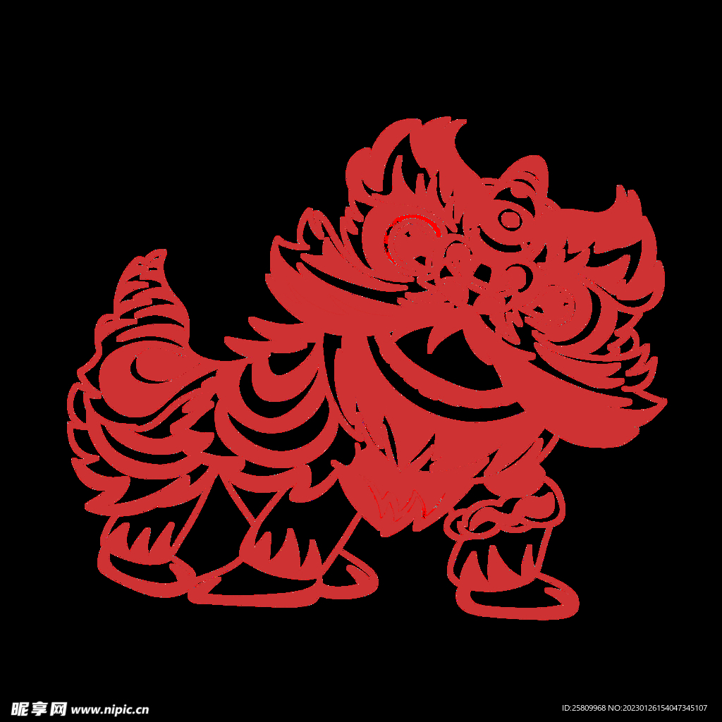 舞狮新年喜庆剪纸PNG免扣素材