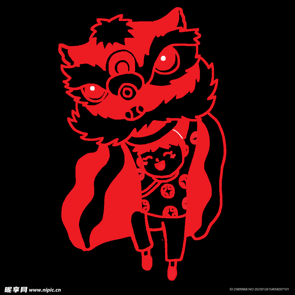 舞狮新年喜庆剪纸PNG免扣素材