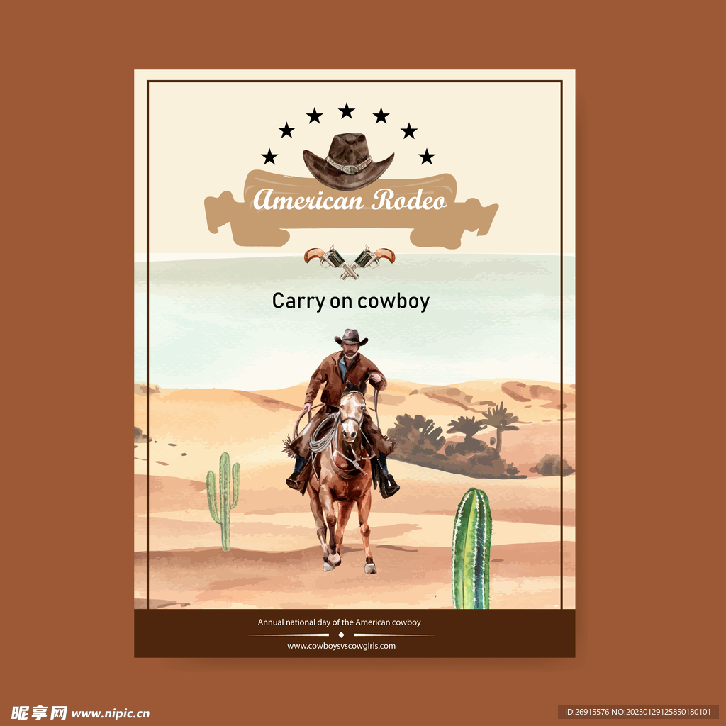 手绘怀旧美国西部沙漠牛仔插画